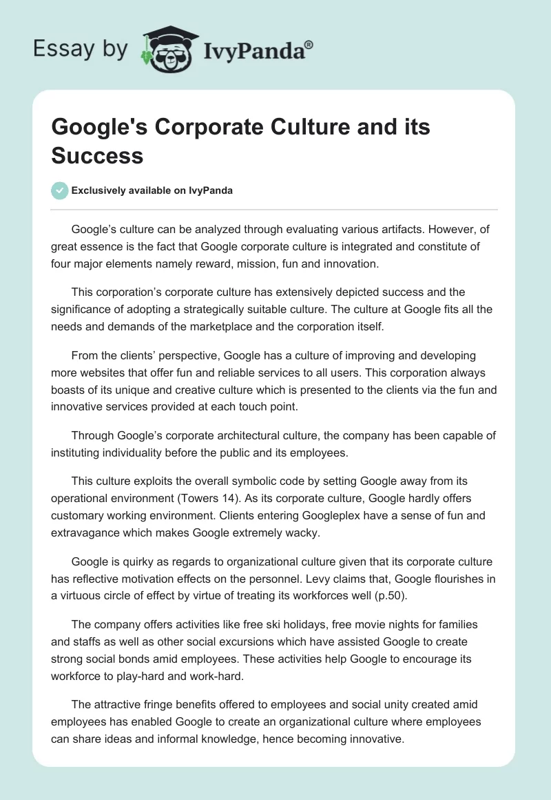 Google's Corporate Culture and its Success. Page 1