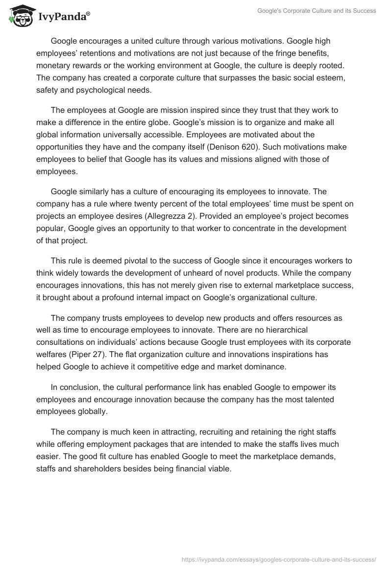 Google's Corporate Culture and its Success. Page 2