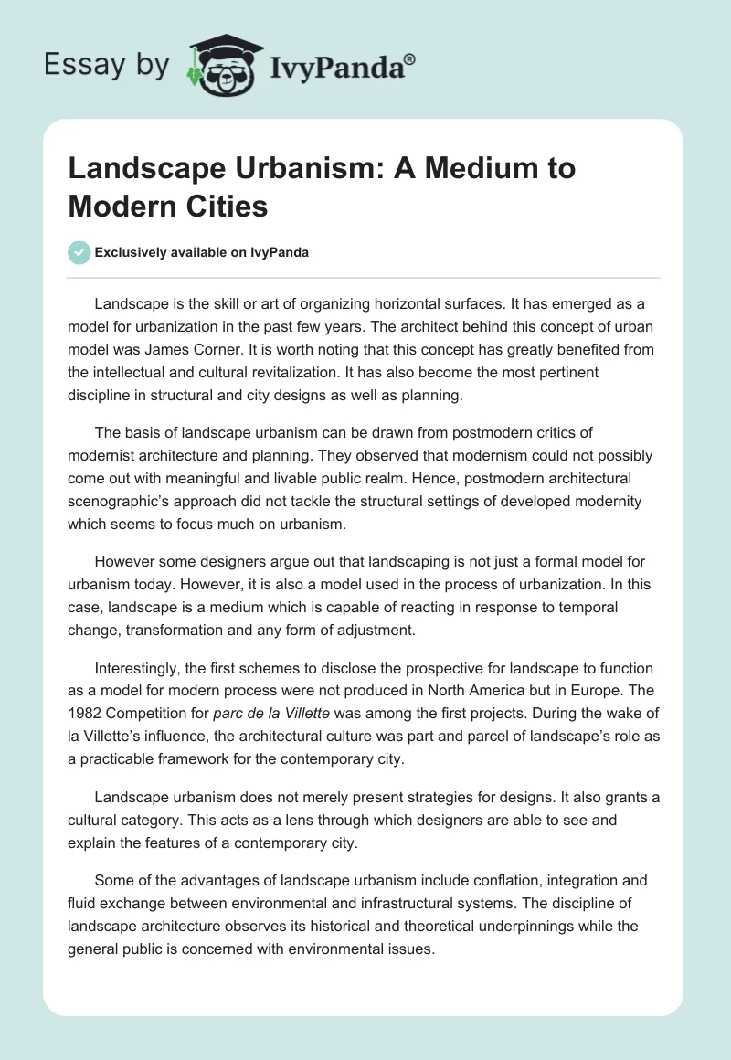 Landscape Urbanism: A Medium to Modern Cities. Page 1