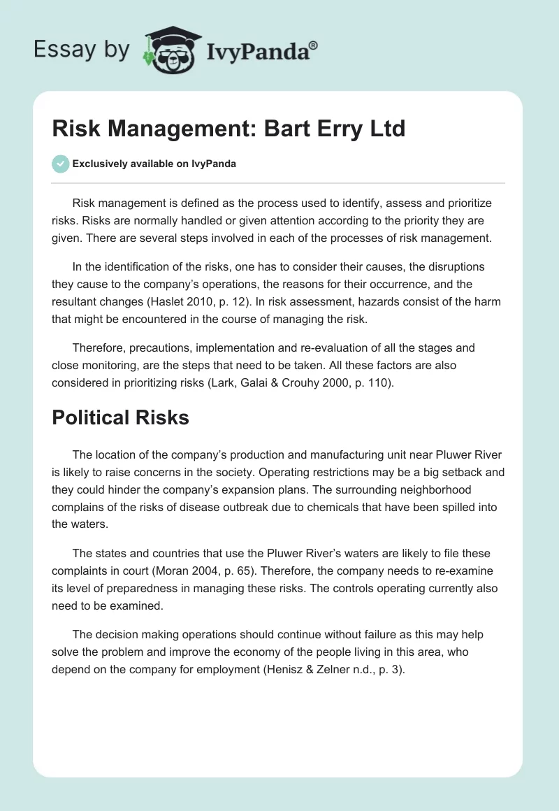Risk Management: Bart Erry Ltd. Page 1