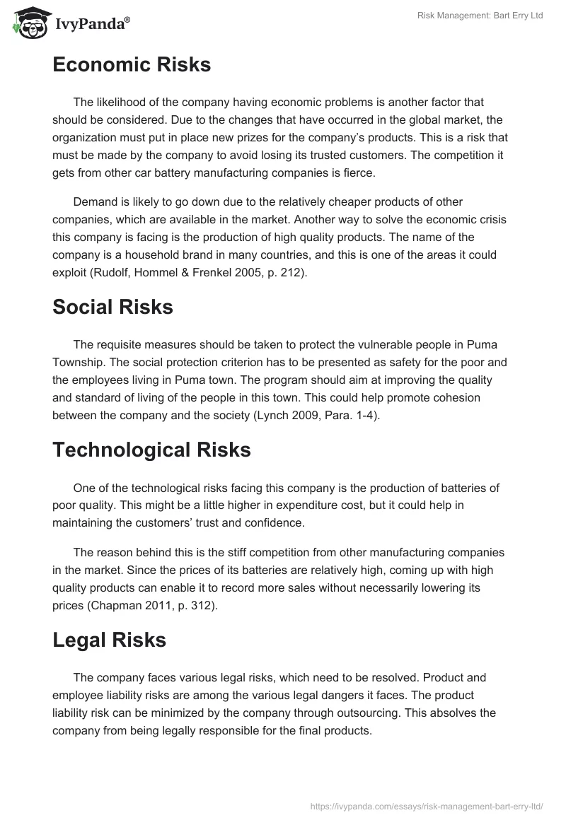 Risk Management: Bart Erry Ltd. Page 2