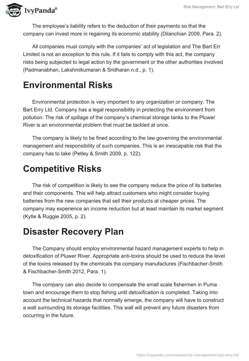 Risk Management: Bart Erry Ltd. Page 3