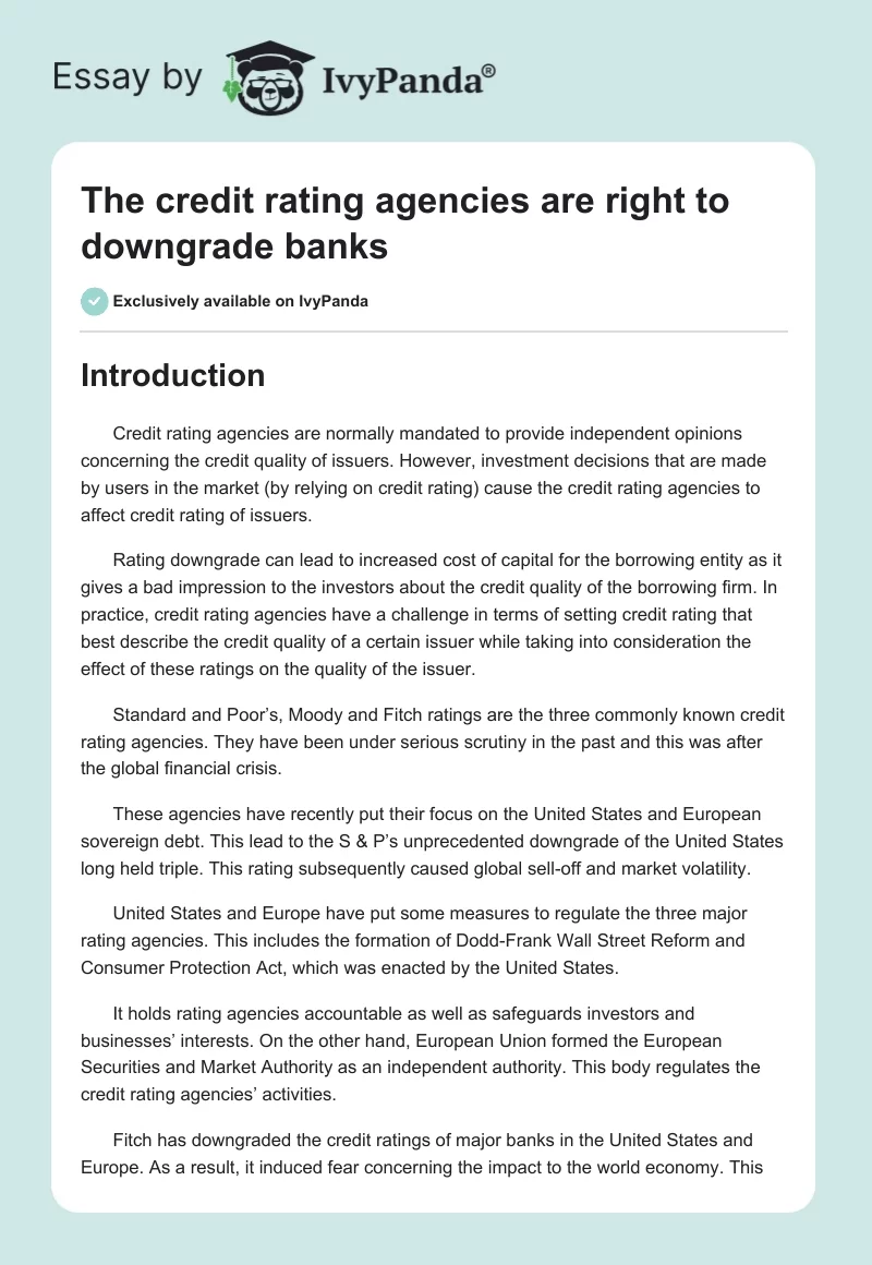 The Credit Rating Agencies Are Right to Downgrade Banks. Page 1