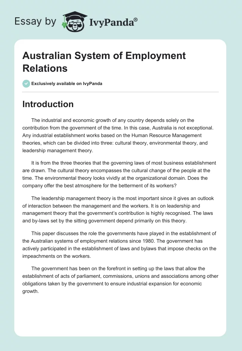 Australian System of Employment Relations. Page 1