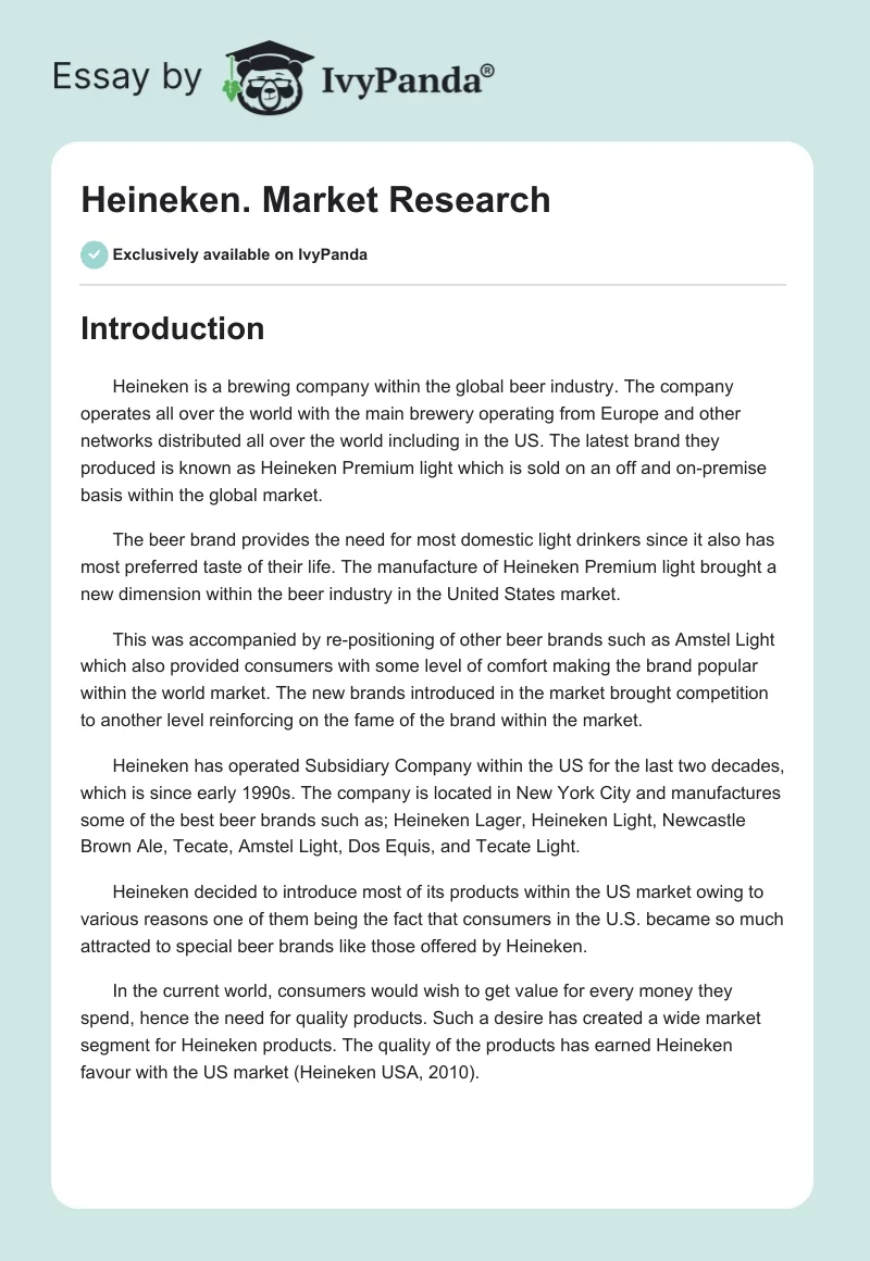 Heineken. Market Research. Page 1