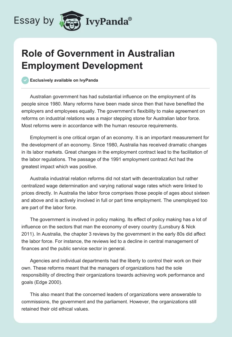 Role of Government in Australian Employment Development. Page 1