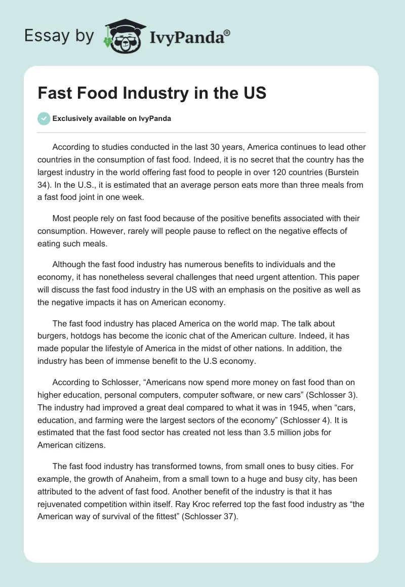 Fast Food Industry in the US. Page 1