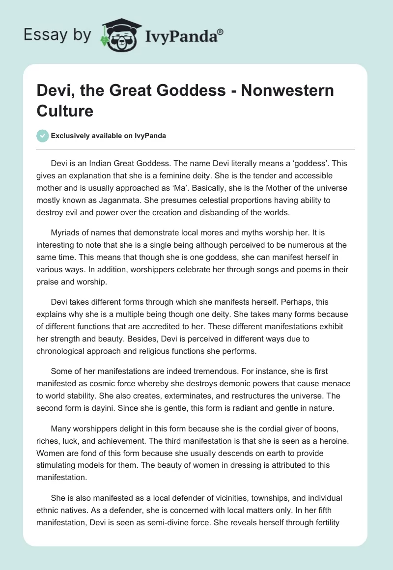 Devi, the Great Goddess - Nonwestern Culture. Page 1