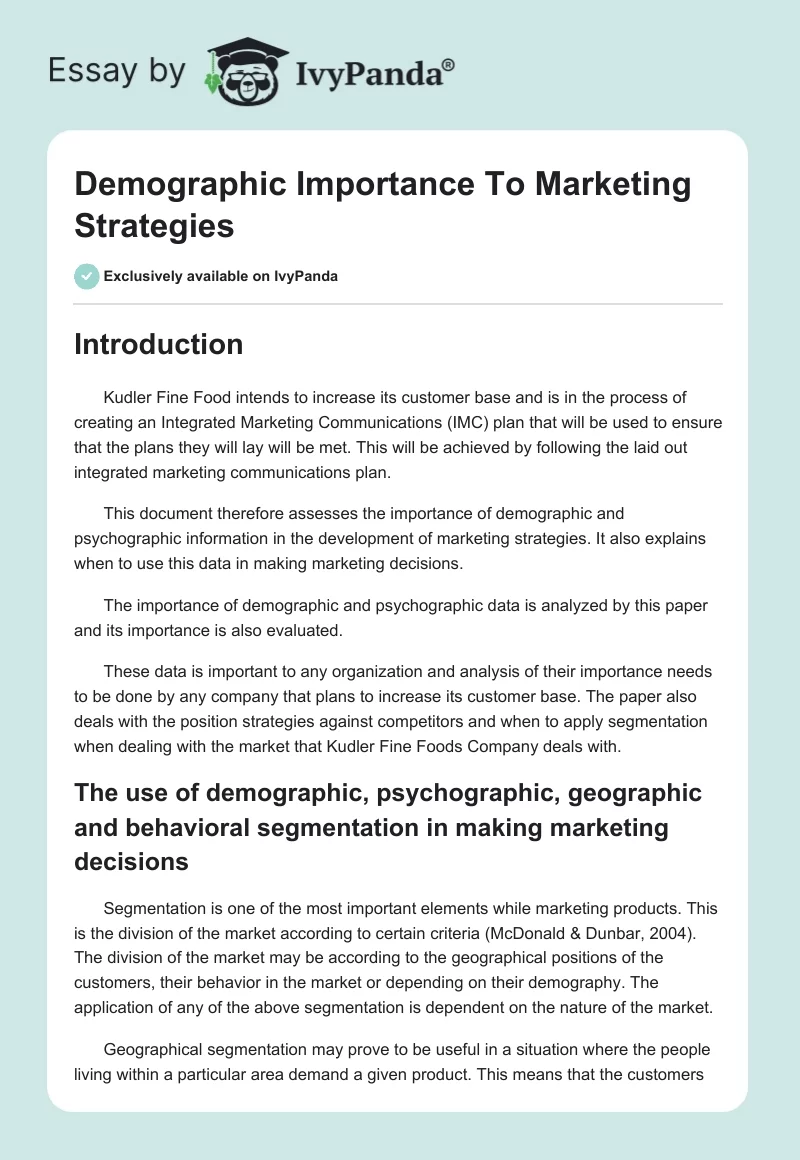Demographic Importance To Marketing Strategies. Page 1