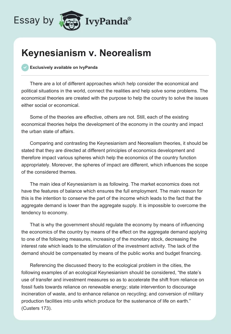 Keynesianism v. Neorealism. Page 1