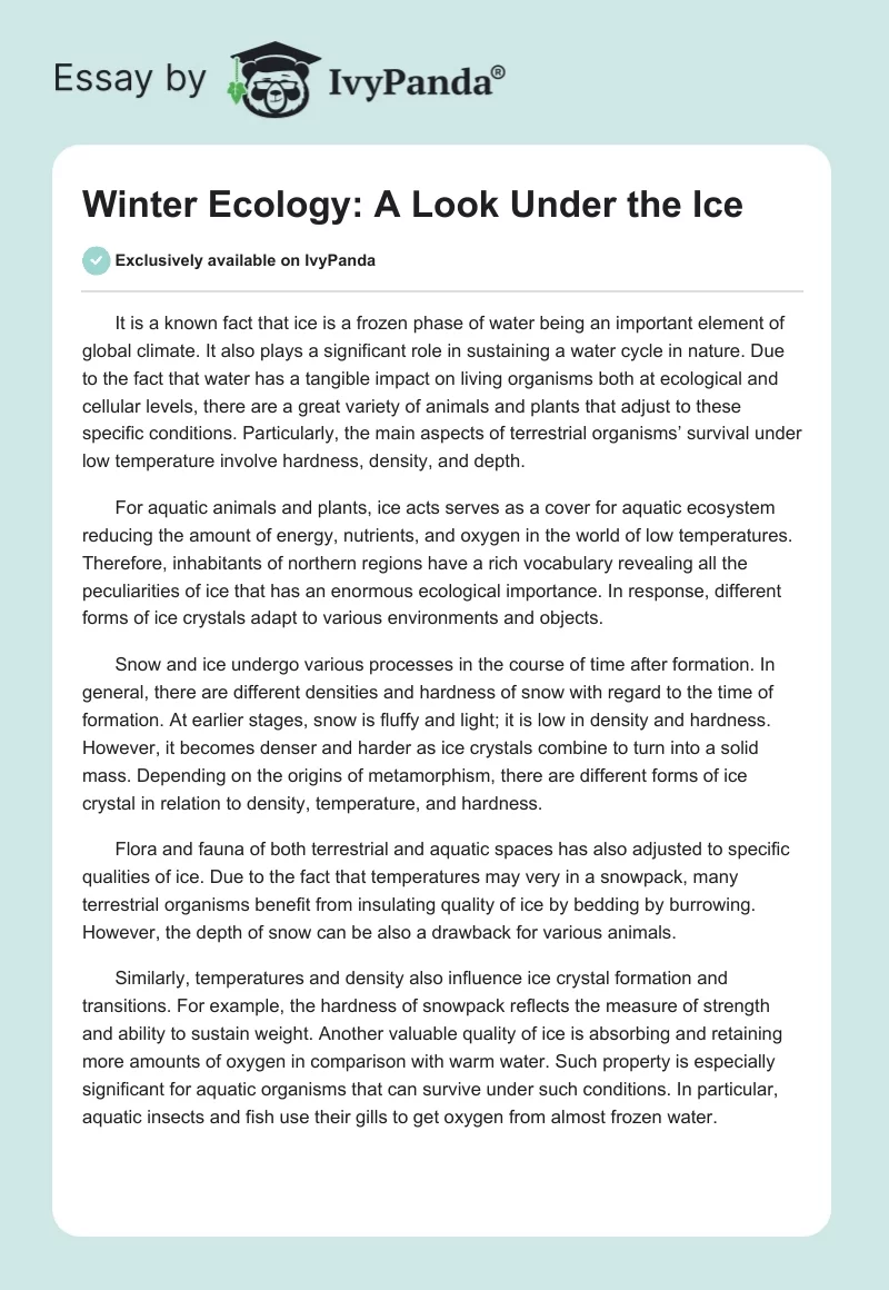 Winter Ecology: A Look Under the Ice. Page 1