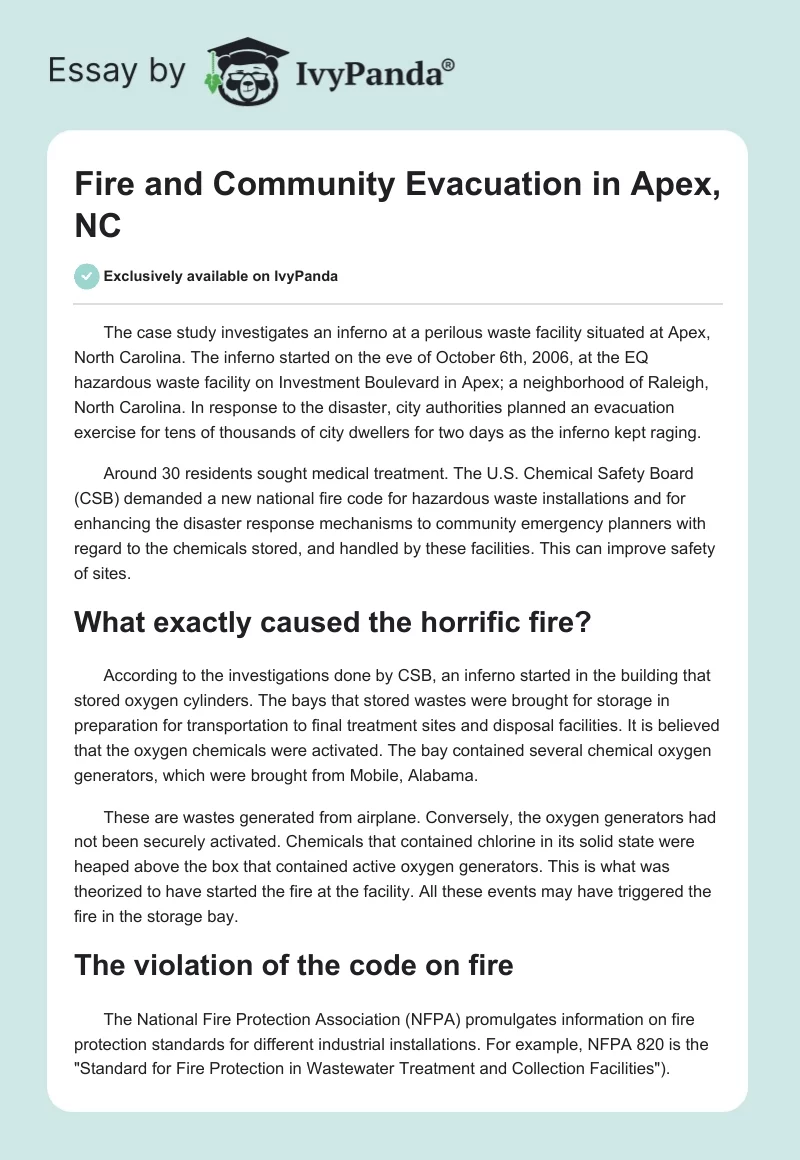 Fire and Community Evacuation in Apex, NC. Page 1