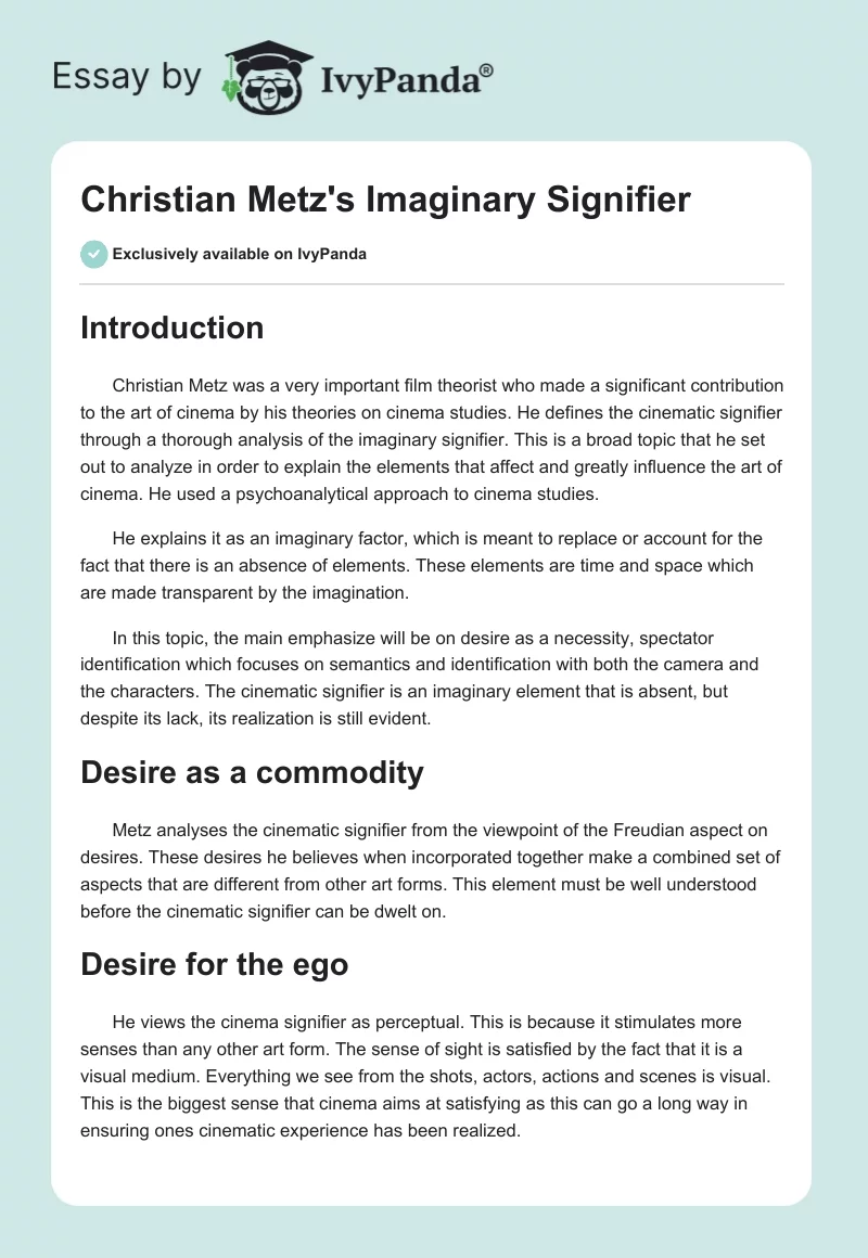 Christian Metz's Imaginary Signifier. Page 1