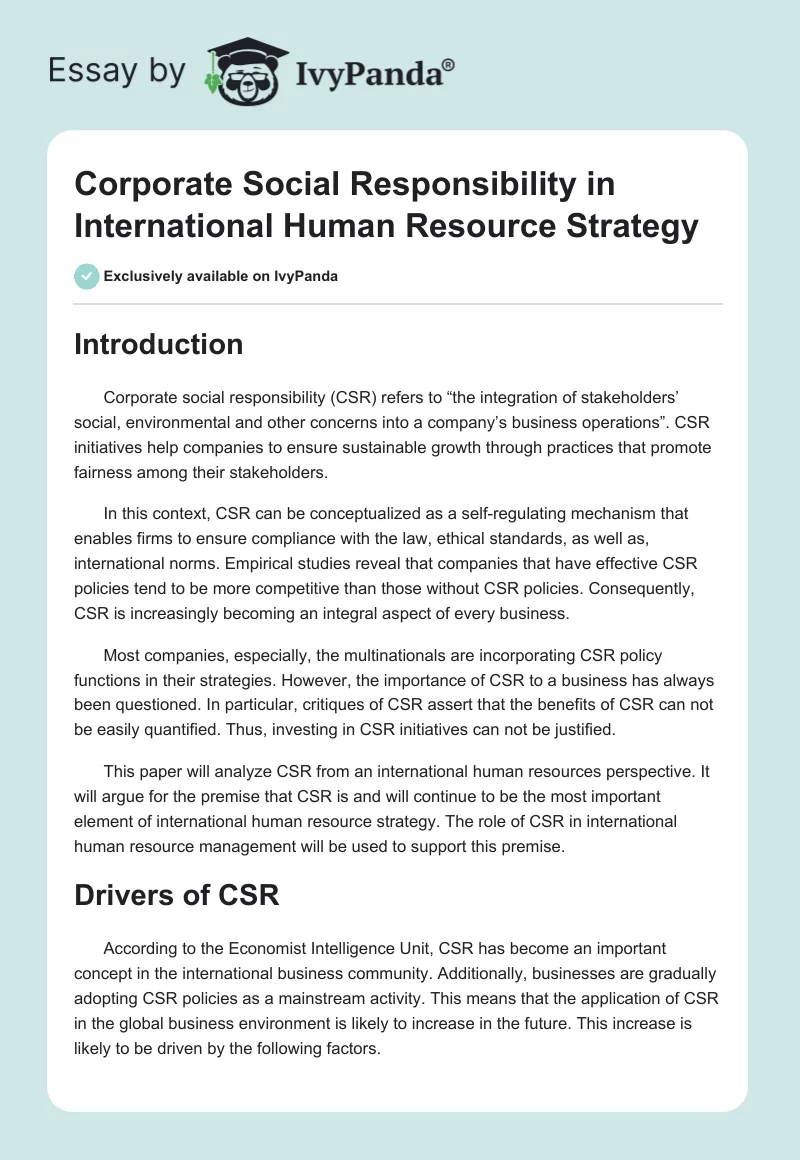 Corporate Social Responsibility in International Human Resource Strategy. Page 1