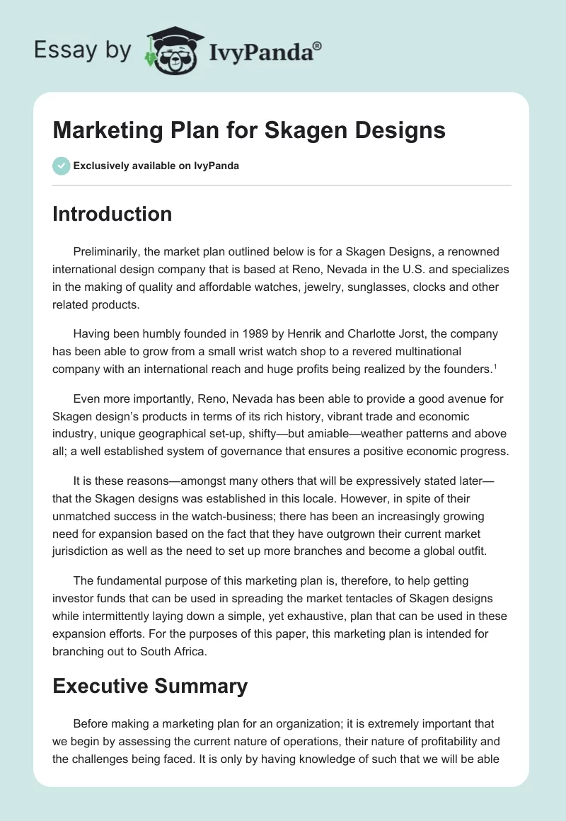 Marketing Plan for Skagen Designs. Page 1