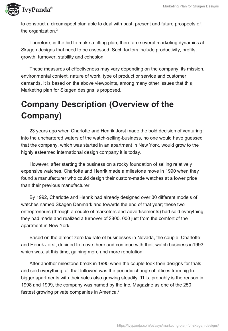 Marketing Plan for Skagen Designs. Page 2