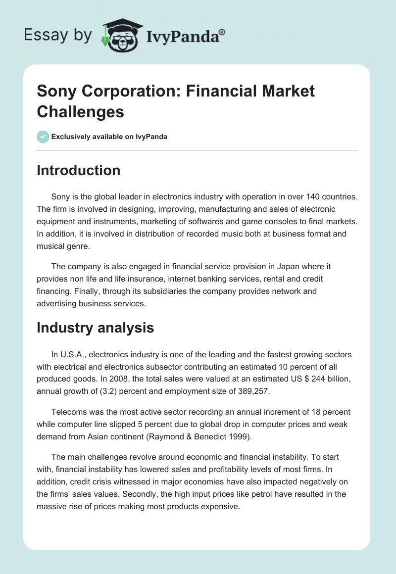 Sony Corporation: Financial Market Challenges. Page 1