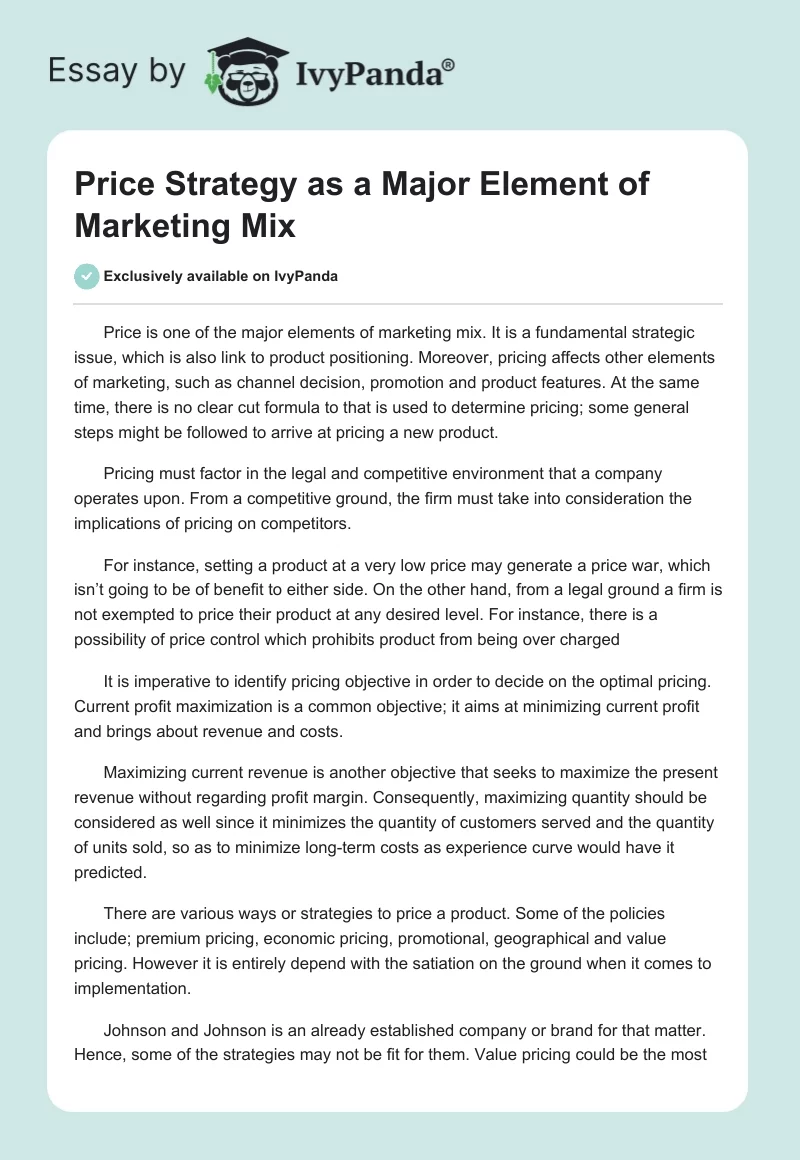 Price Strategy as a Major Element of Marketing Mix. Page 1