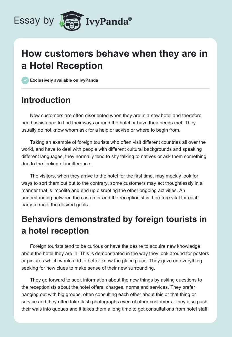 How customers behave when they are in a Hotel Reception. Page 1