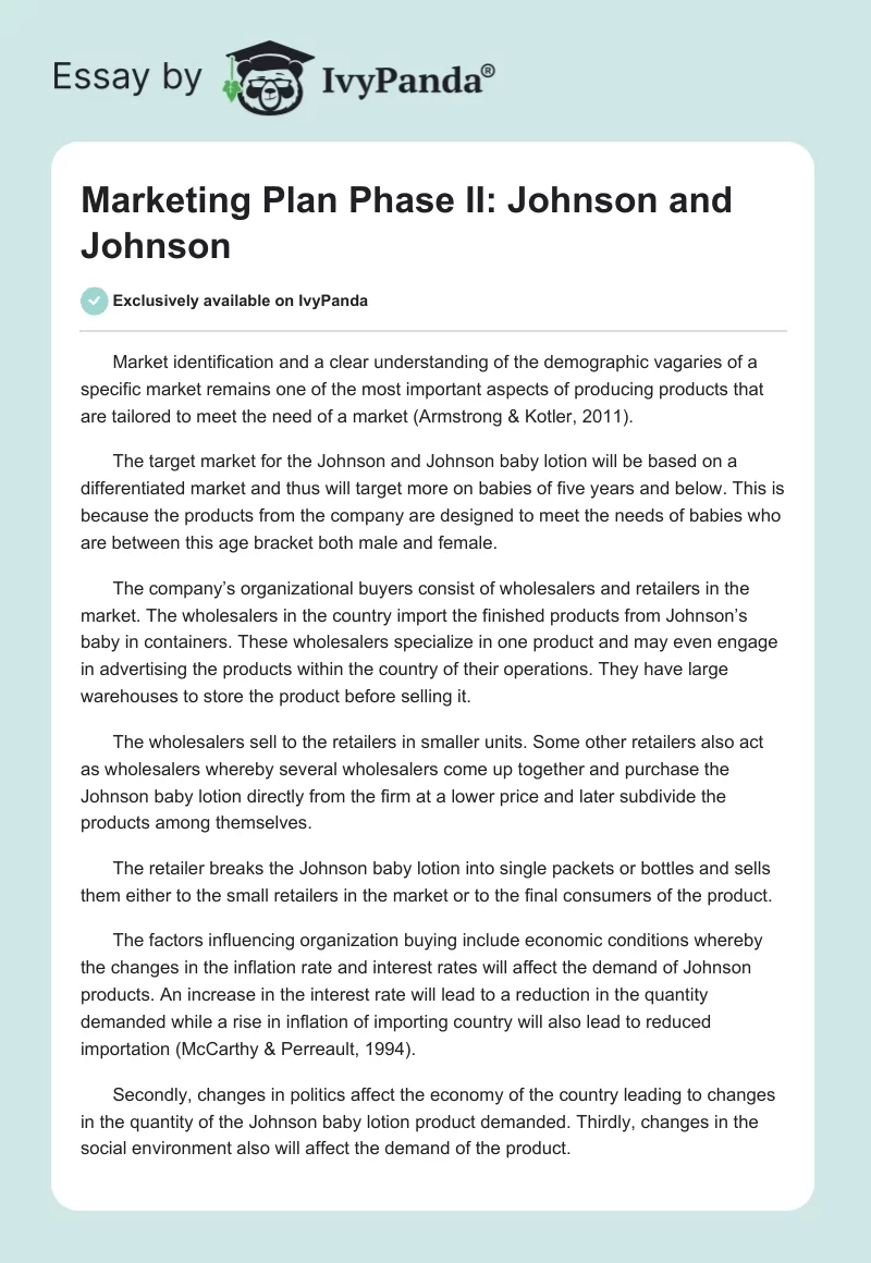 Marketing Plan Phase II: Johnson and Johnson. Page 1