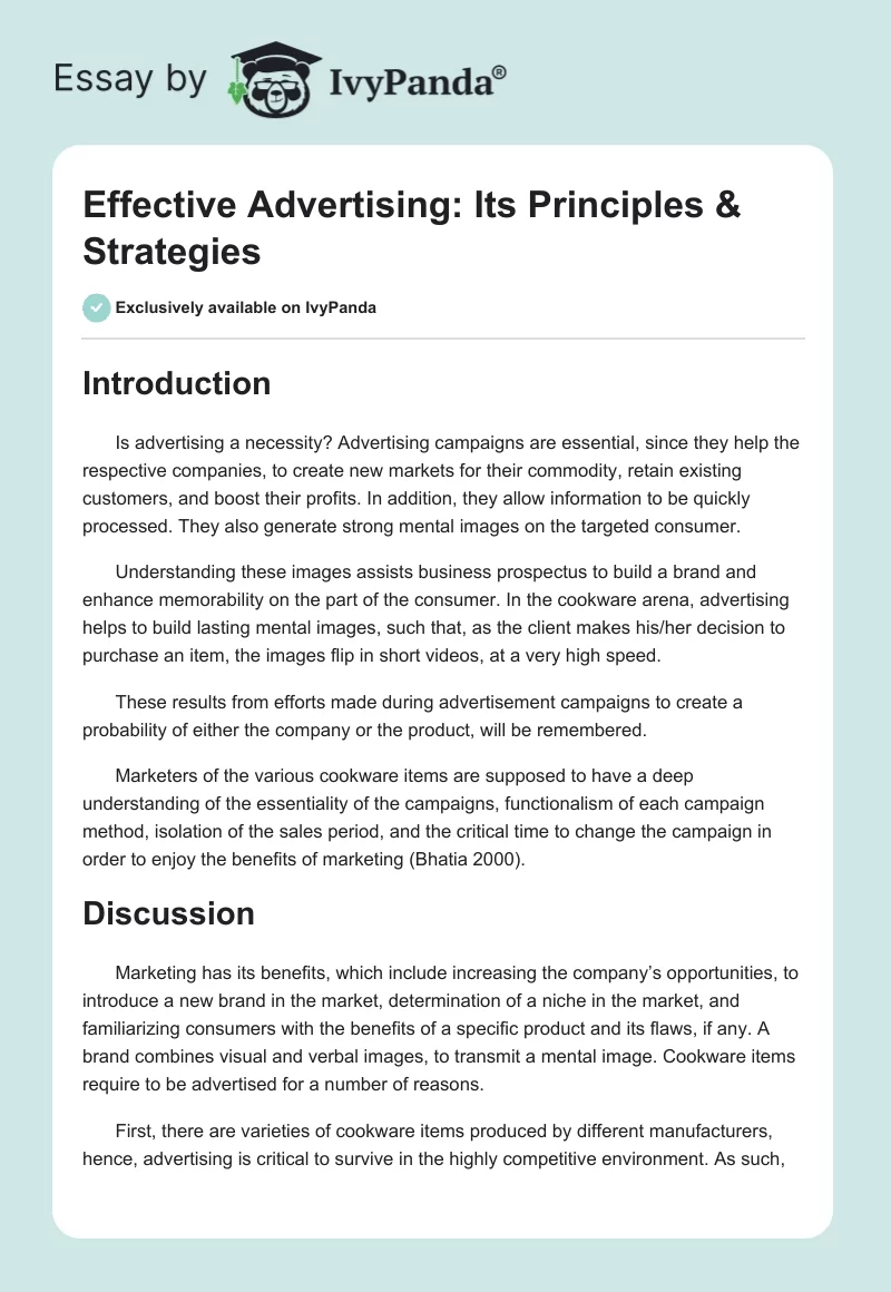Effective Advertising: Its Principles & Strategies. Page 1