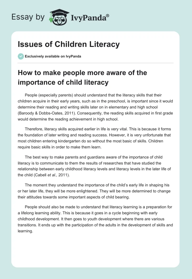 Issues of Children Literacy. Page 1
