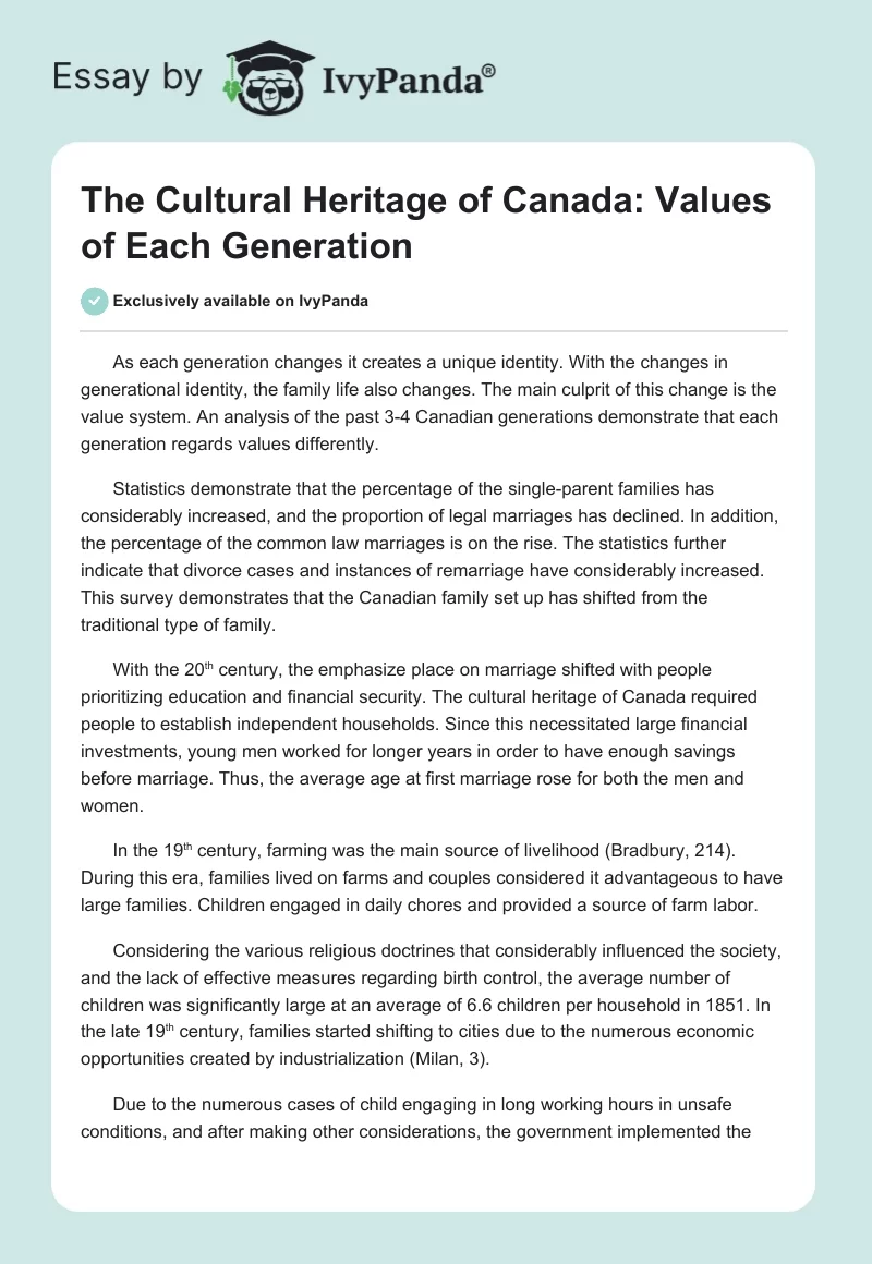 The Cultural Heritage of Canada: Values of Each Generation. Page 1