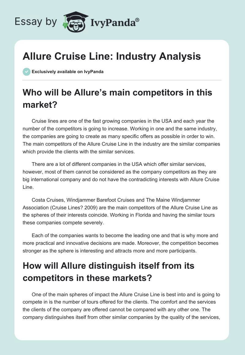 Allure Cruise Line: Industry Analysis. Page 1