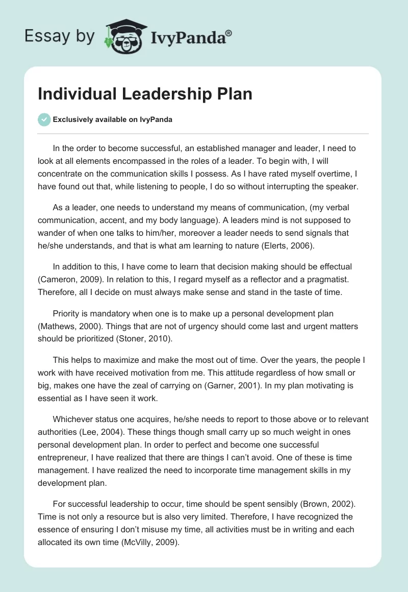 Individual Leadership Plan. Page 1