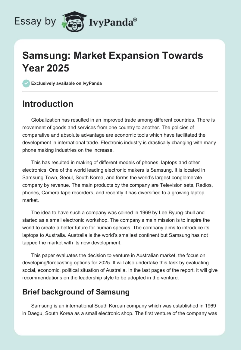 Samsung: Market Expansion Towards Year 2025. Page 1