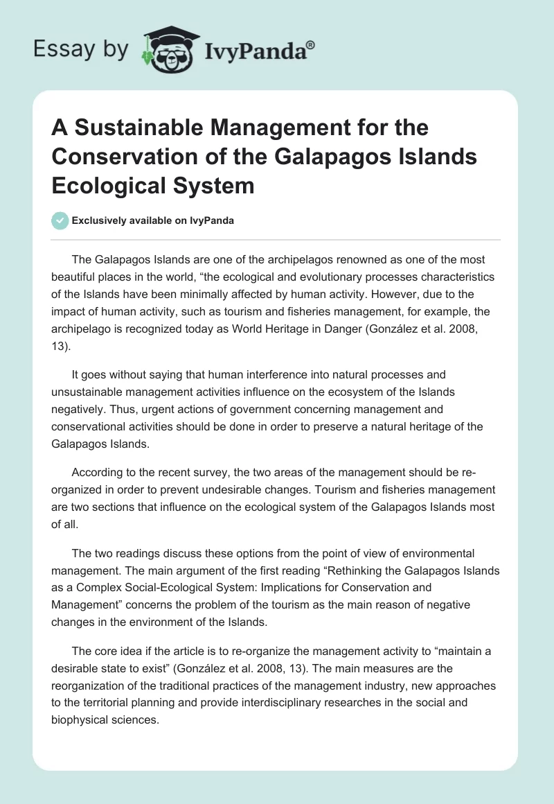 A Sustainable Management for the Conservation of the Galapagos Islands Ecological System. Page 1