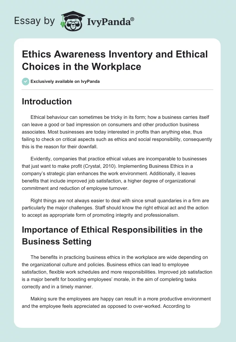 Ethics Awareness Inventory and Ethical Choices in the Workplace. Page 1