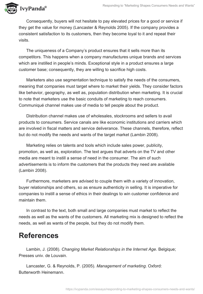 Responding to “Marketing Shapes Consumers Needs and Wants”. Page 2