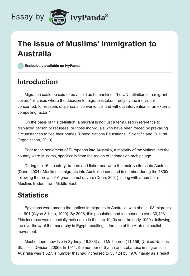 The Issue of Muslims' Immigration to Australia. Page 1