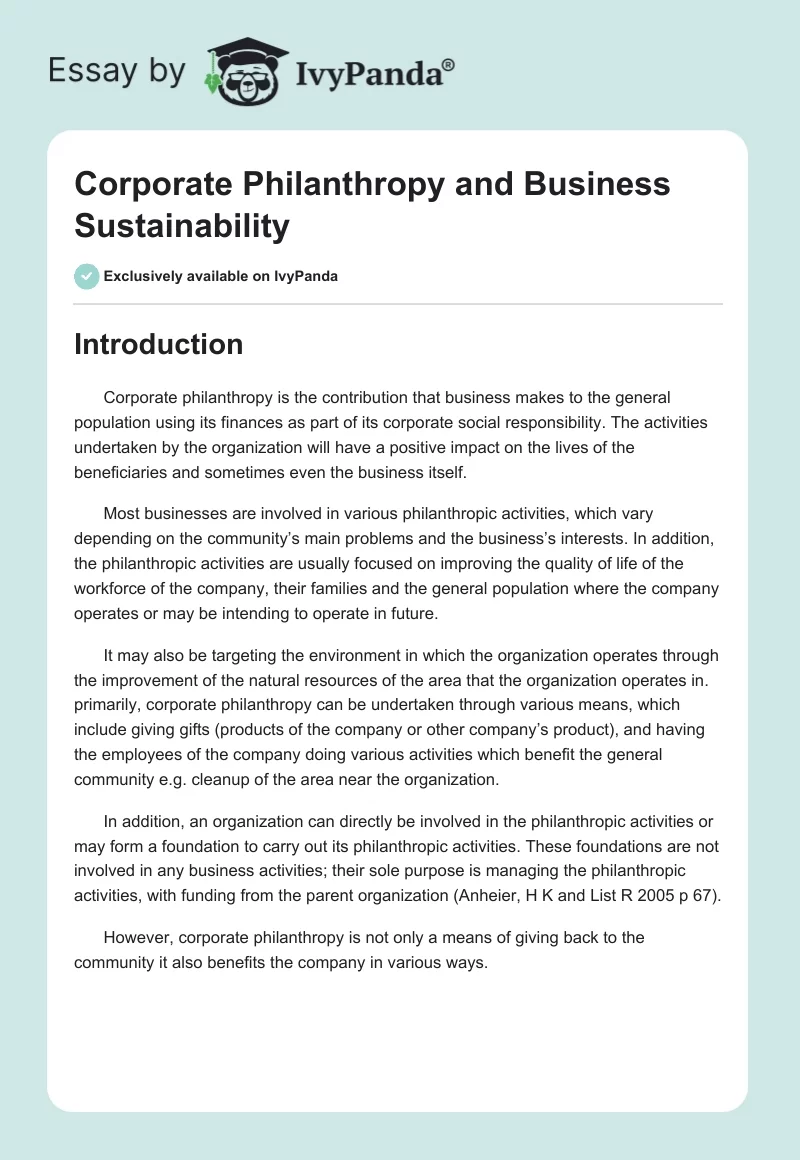 Corporate Philanthropy and Business Sustainability. Page 1