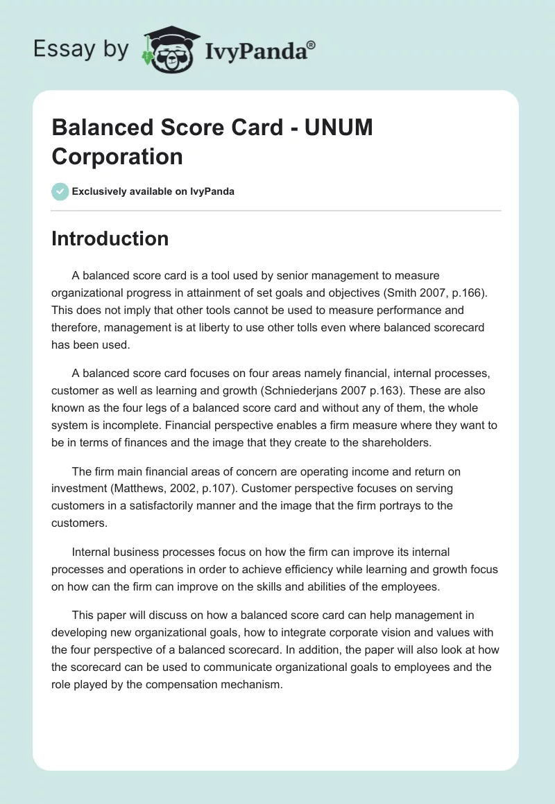 Balanced Score Card - UNUM Corporation. Page 1