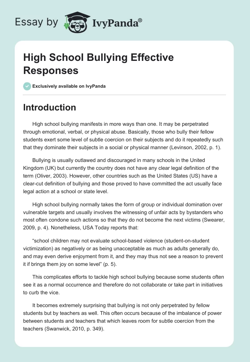 High School Bullying Effective Responses. Page 1