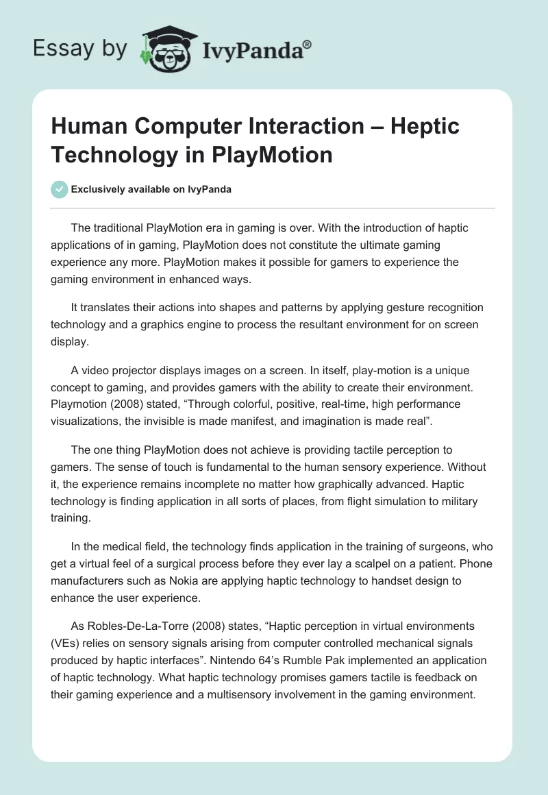Human Computer Interaction – Heptic Technology in PlayMotion. Page 1
