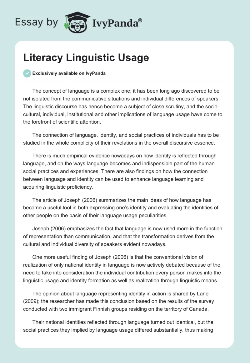 Literacy Linguistic Usage. Page 1