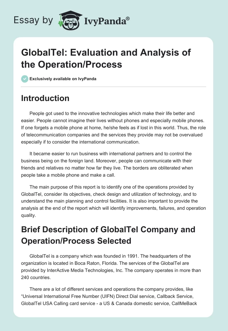 GlobalTel: Evaluation and Analysis of the Operation/Process. Page 1