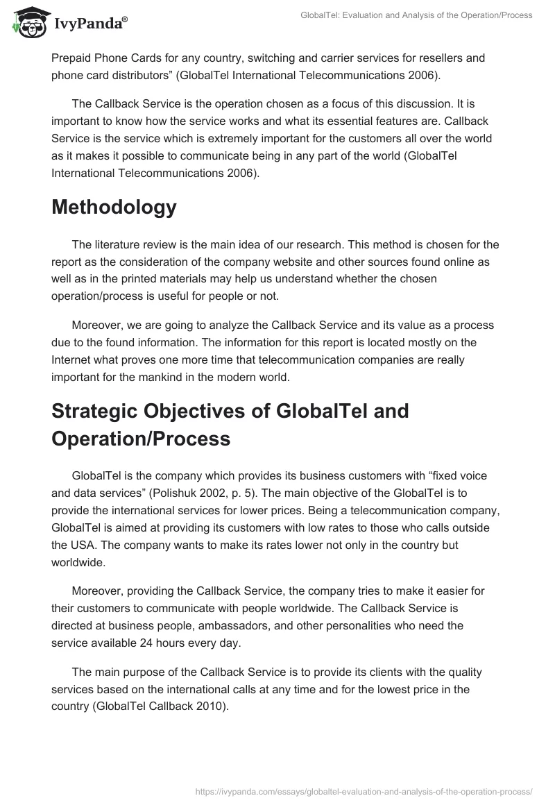 GlobalTel: Evaluation and Analysis of the Operation/Process. Page 2