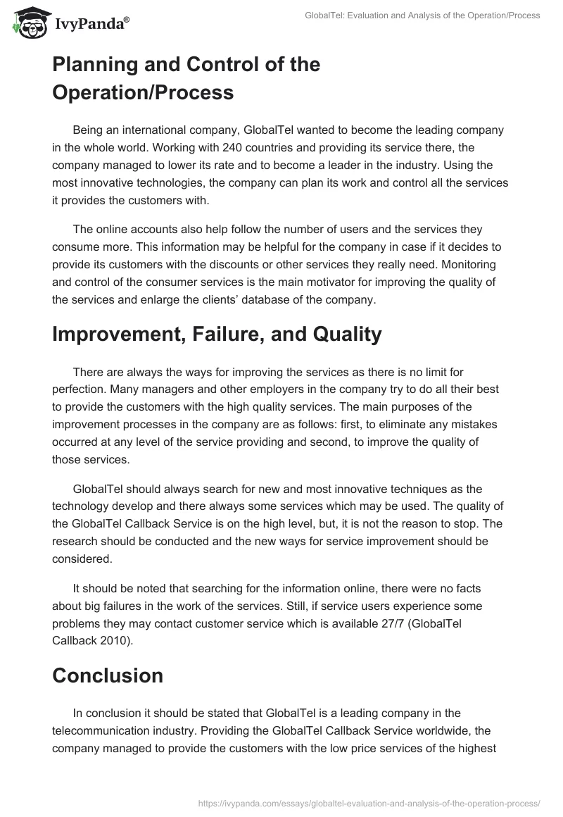 GlobalTel: Evaluation and Analysis of the Operation/Process. Page 4