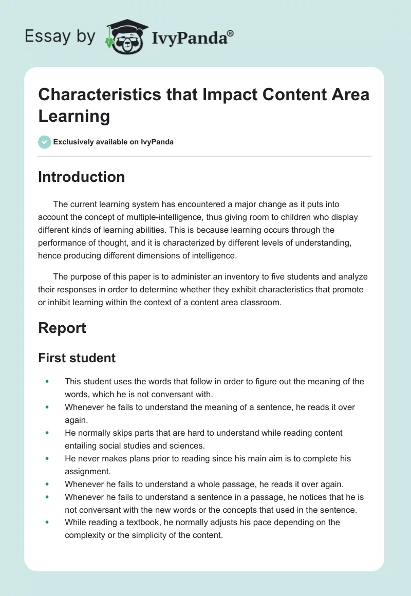 Characteristics that Impact Content Area Learning. Page 1