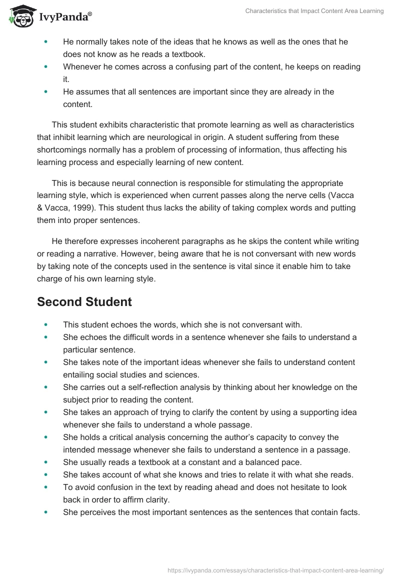 Characteristics that Impact Content Area Learning. Page 2