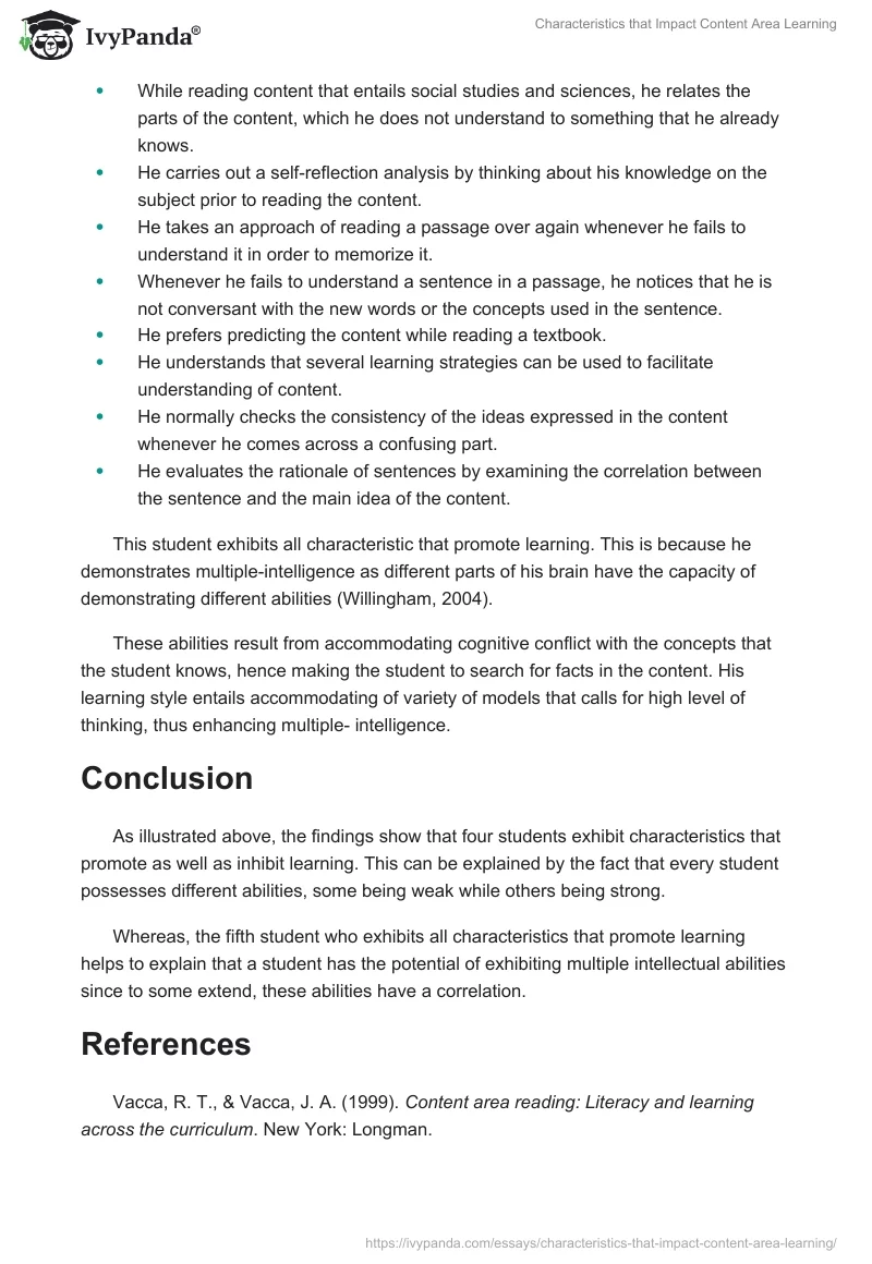 Characteristics that Impact Content Area Learning. Page 5