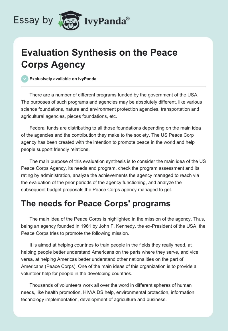 Evaluation Synthesis on the Peace Corps Agency. Page 1