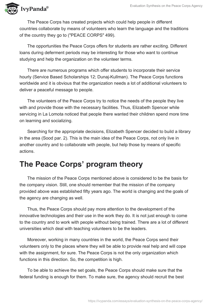 Evaluation Synthesis on the Peace Corps Agency. Page 2