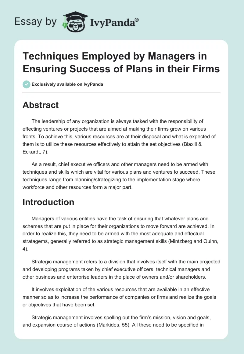 Techniques Employed by Managers in Ensuring Success of Plans in their Firms. Page 1