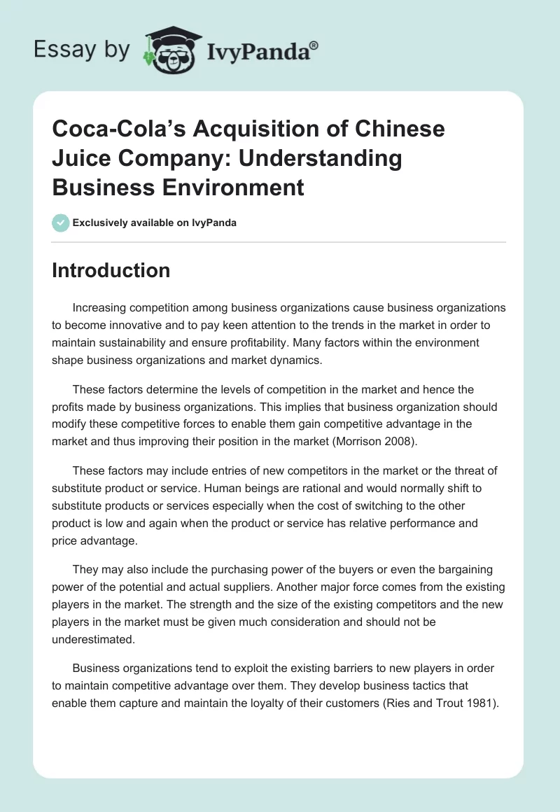 Coca-Cola’s Acquisition of Chinese Juice Company: Understanding Business Environment. Page 1