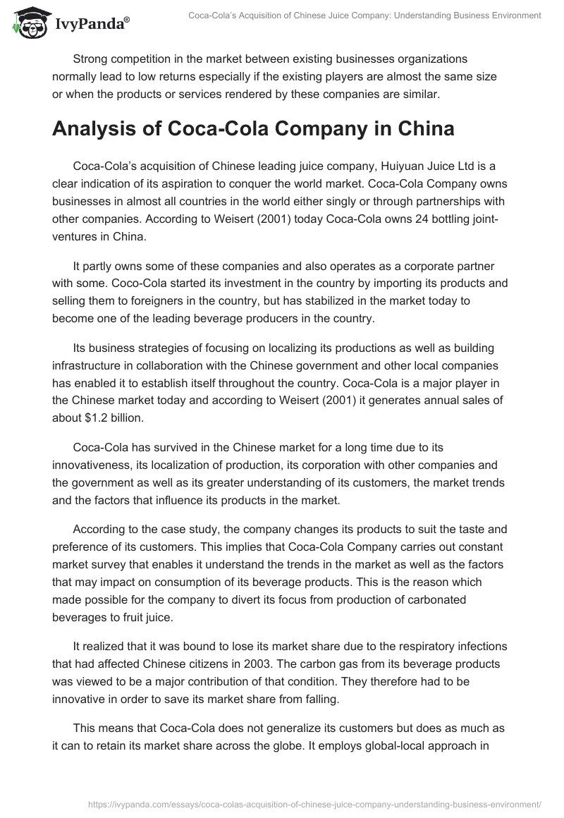 Coca-Cola’s Acquisition of Chinese Juice Company: Understanding Business Environment. Page 2